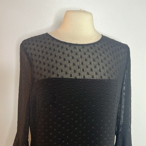 Vince Camuto black sheer Swiss dot ruffle long sleeve cocktail dress size 10 - Picture 5 of 12